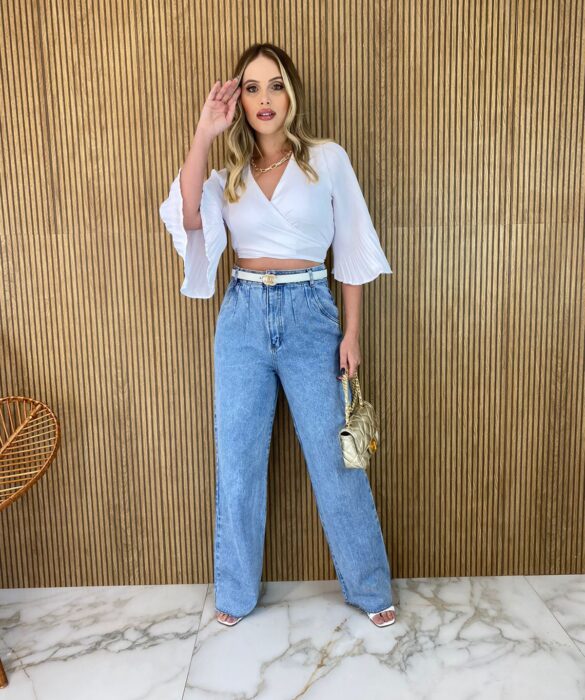 Cropped Feminino com Bojo Manga Plissada Branco - Fernanda Ramos Store