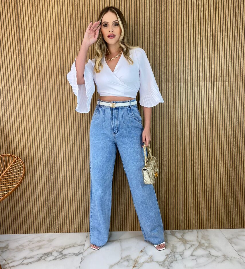Cropped Feminino com Bojo Manga Plissada Branco - Fernanda Ramos Store