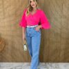 Cropped Feminino com Bojo Manga Plissada Pink Flúor - Fernanda Ramos Store