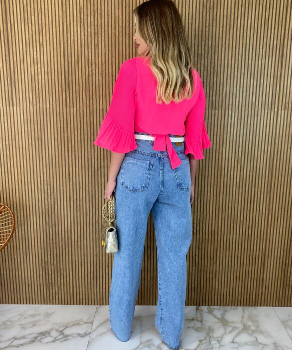 Cropped Feminino com Bojo Manga Plissada Pink Flúor - Fernanda Ramos Store