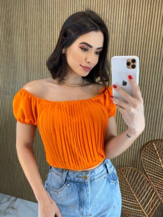 Cropped Feminino com Bojo Plissado Laranja - Fernanda Ramos Store