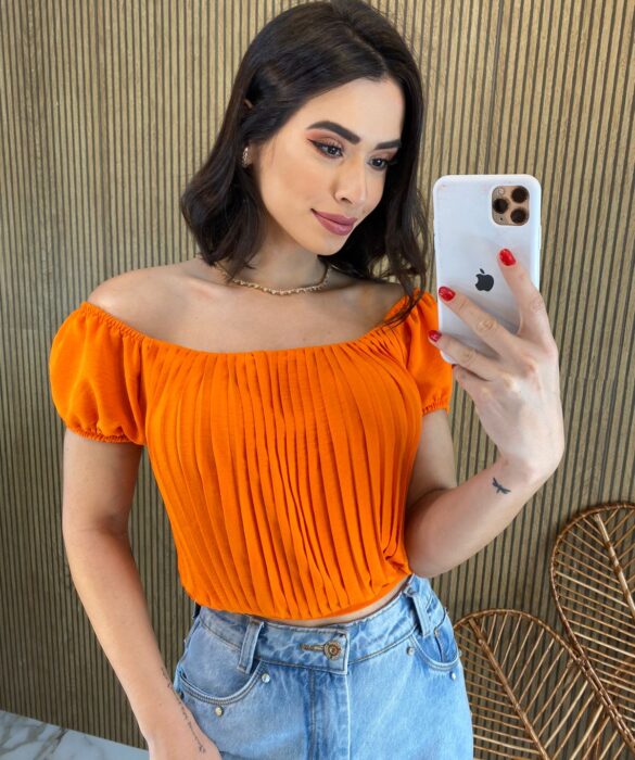 Cropped Feminino com Bojo Plissado Laranja - Fernanda Ramos Store