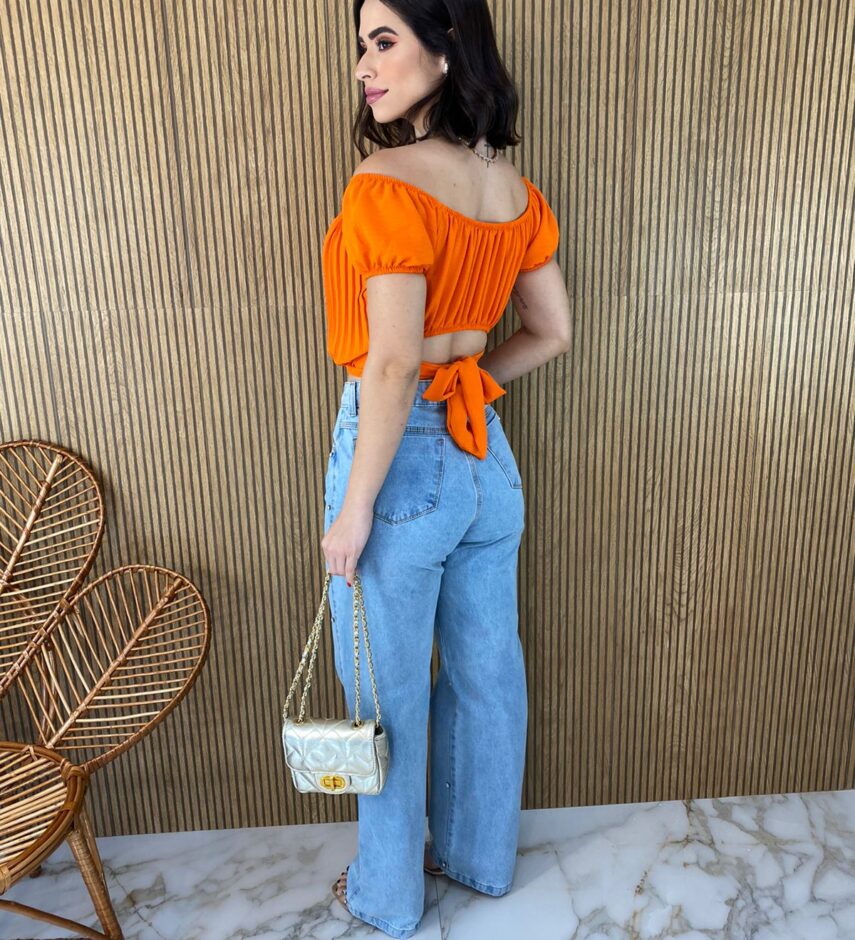 Cropped Feminino com Bojo Plissado Laranja - Fernanda Ramos Store