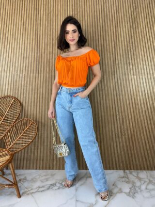 Cropped Feminino com Bojo Plissado Laranja - Fernanda Ramos Store