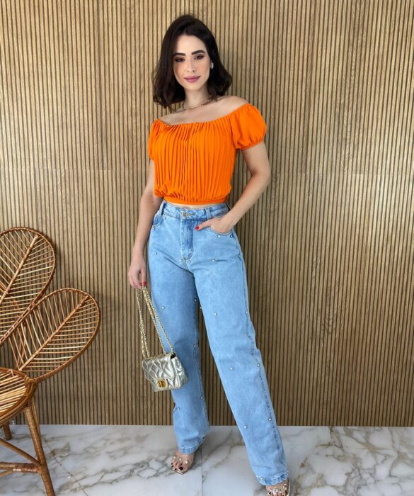 Cropped Feminino com Bojo Plissado Laranja - Fernanda Ramos Store