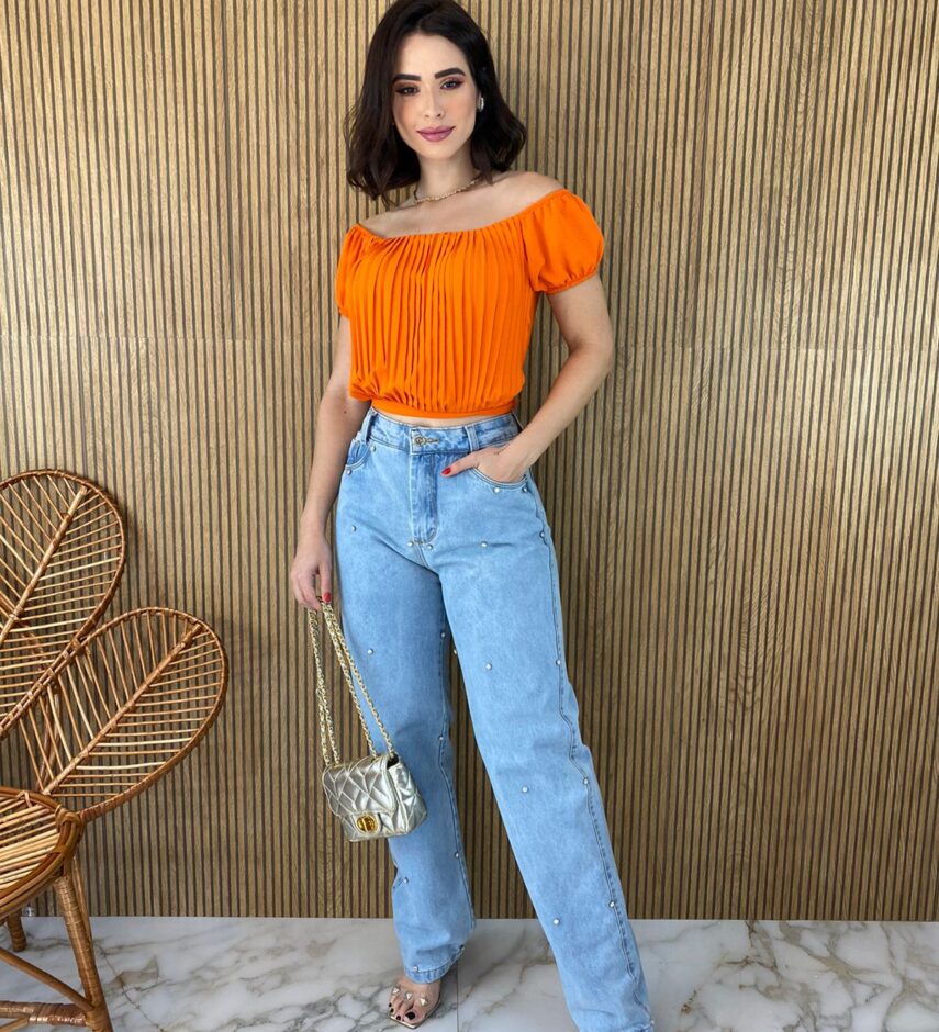 Cropped Feminino com Bojo Plissado Laranja - Fernanda Ramos Store