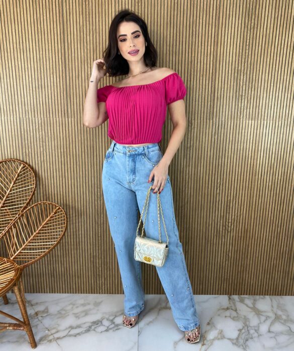 Cropped Feminino com Bojo Plissado Pink - Fernanda Ramos Store