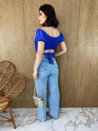 Cropped Feminino com Bojo Plissado Azul - Fernanda Ramos Store