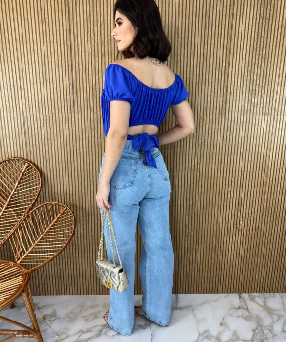 Cropped Feminino com Bojo Plissado Azul - Fernanda Ramos Store