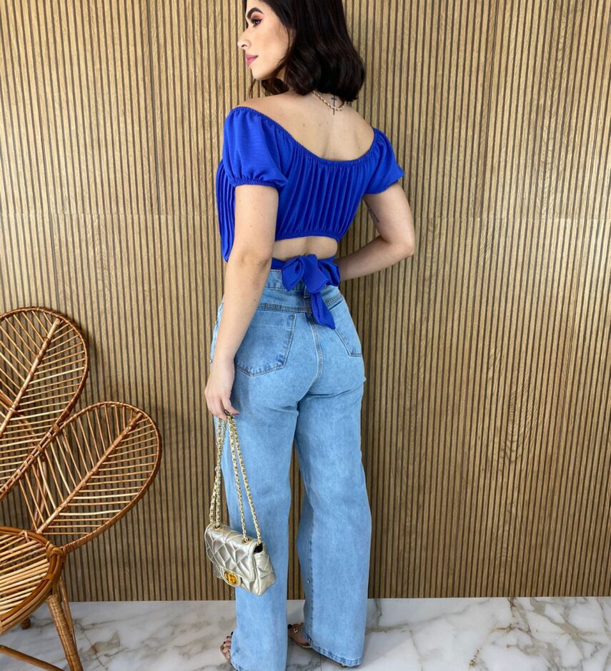 Cropped Feminino com Bojo Plissado Azul - Fernanda Ramos Store