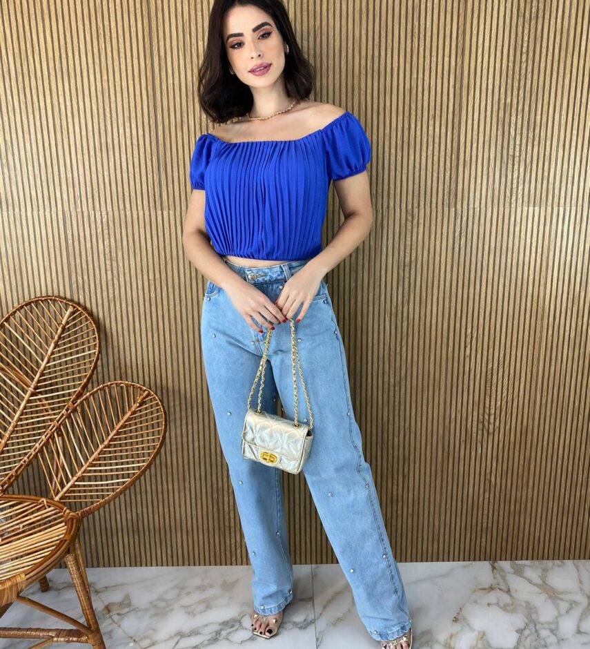 Cropped Feminino com Bojo Plissado Azul - Fernanda Ramos Store