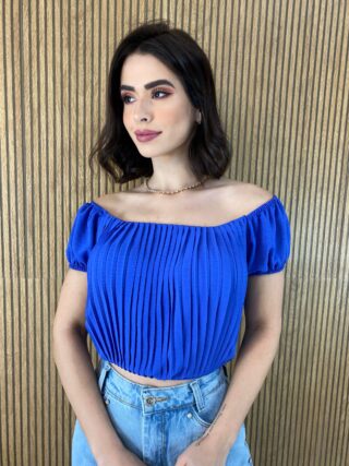 Cropped Feminino com Bojo Plissado Azul - Fernanda Ramos Store