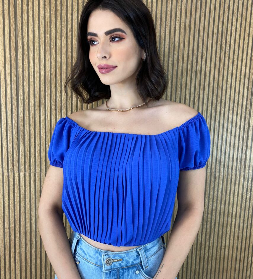 Cropped Feminino com Bojo Plissado Azul - Fernanda Ramos Store