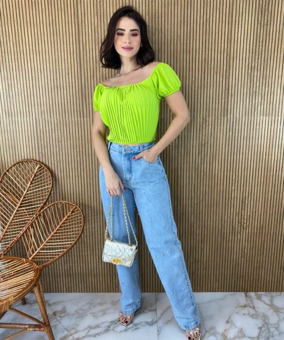 Cropped Feminino com Bojo Plissado Verde Lima - Fernanda Ramos Store