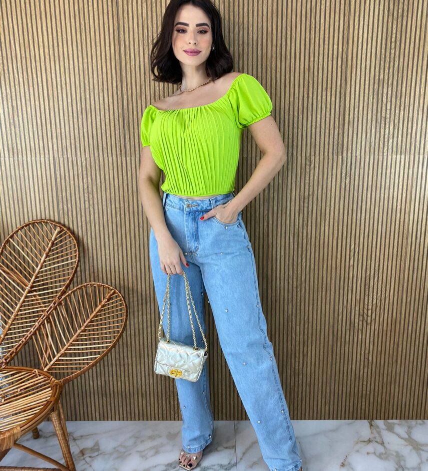 Cropped Feminino com Bojo Plissado Verde Lima - Fernanda Ramos Store