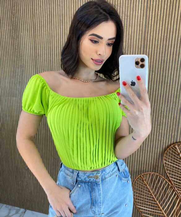 Cropped Feminino com Bojo Plissado Verde Lima - Fernanda Ramos Store