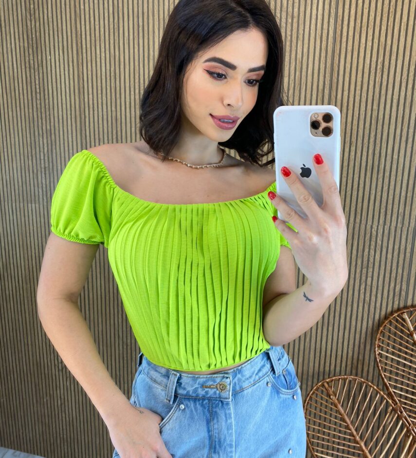 Cropped Feminino com Bojo Plissado Verde Lima - Fernanda Ramos Store