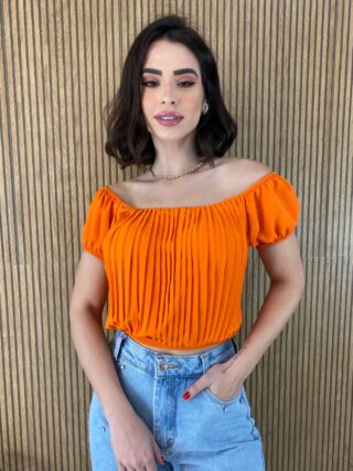 Cropped Feminino com Bojo Plissado Laranja - Fernanda Ramos Store