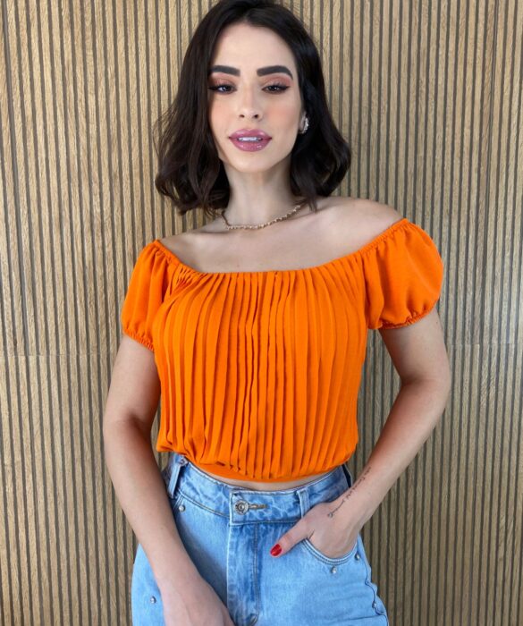 Cropped Feminino com Bojo Plissado Laranja - Fernanda Ramos Store