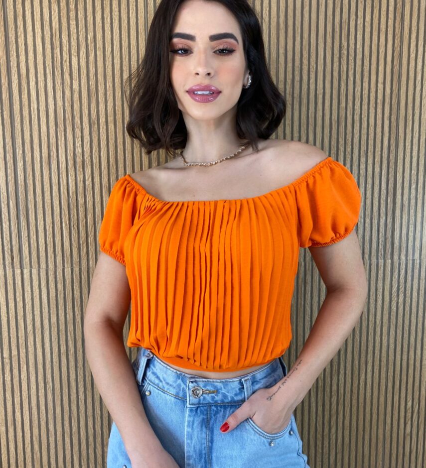 Cropped Feminino com Bojo Plissado Laranja - Fernanda Ramos Store