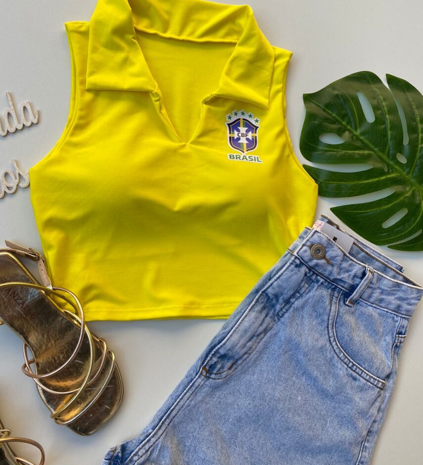 Cropped Feminino com Gola Amarela - Fernanda Ramos Store