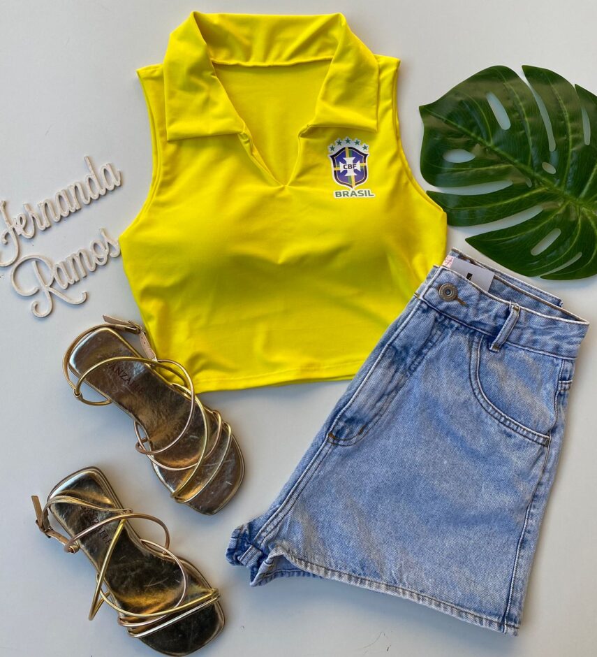 Cropped Feminino com Gola Amarela - Fernanda Ramos Store