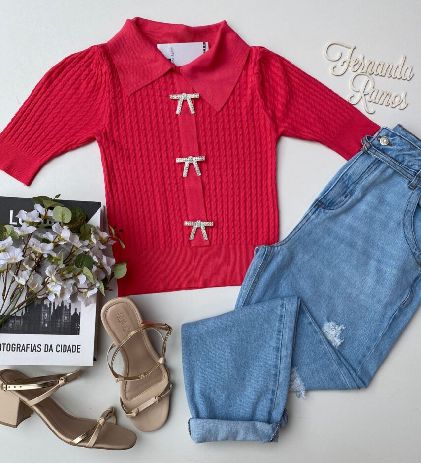 Cropped Feminino Gola Polo com Broche Rosa - Fernanda Ramos Store