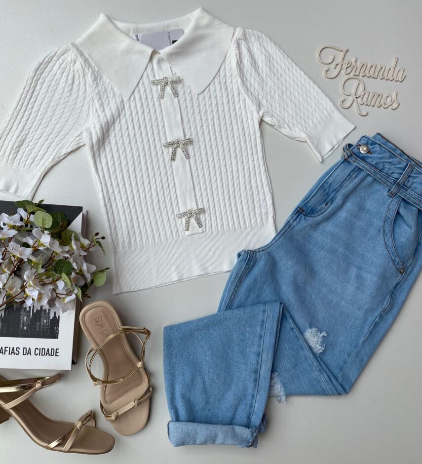 Cropped Feminino Gola Polo com Broche Branco - Fernanda Ramos Store
