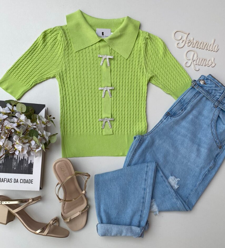 Cropped Feminino Gola Polo com Broche Verde Lima - Fernanda Ramos Store