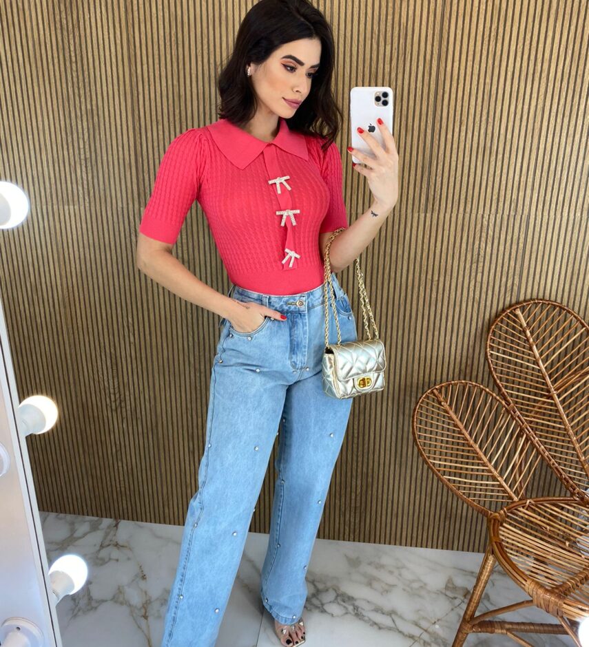 Cropped Feminino Gola Polo com Broche Rosa - Fernanda Ramos Store