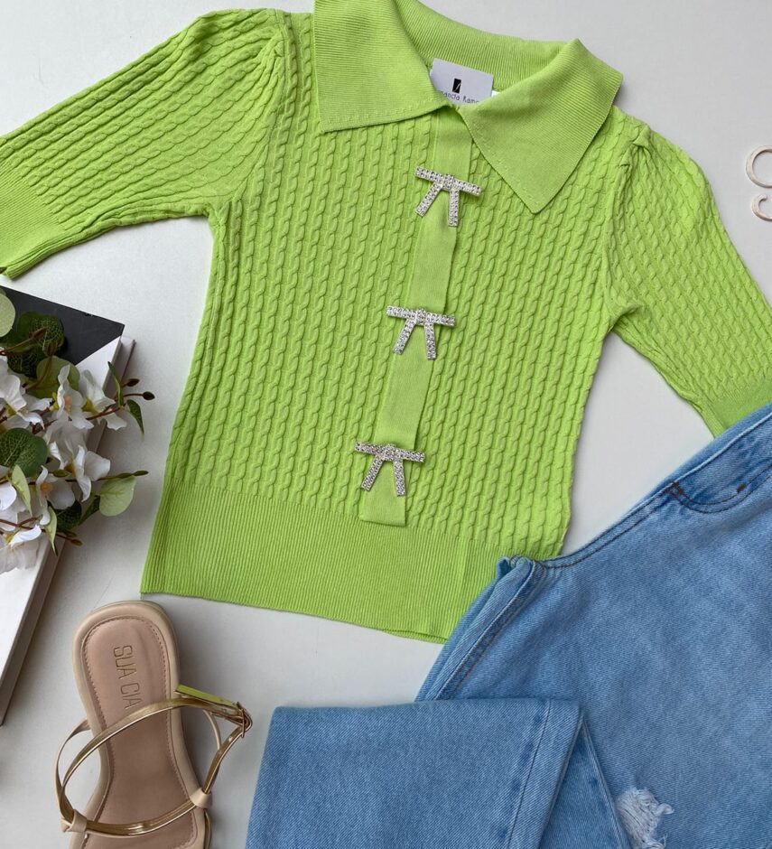 Cropped Feminino Gola Polo com Broche Verde Lima - Fernanda Ramos Store
