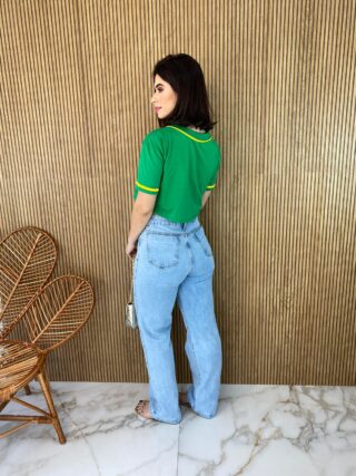 Cropped Feminino Manga Curta com Botões Verde e Amarelo - Fernanda Ramos Store