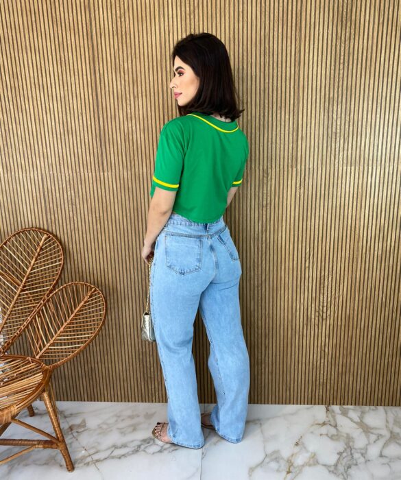 Cropped Feminino Manga Curta com Botões Verde e Amarelo - Fernanda Ramos Store