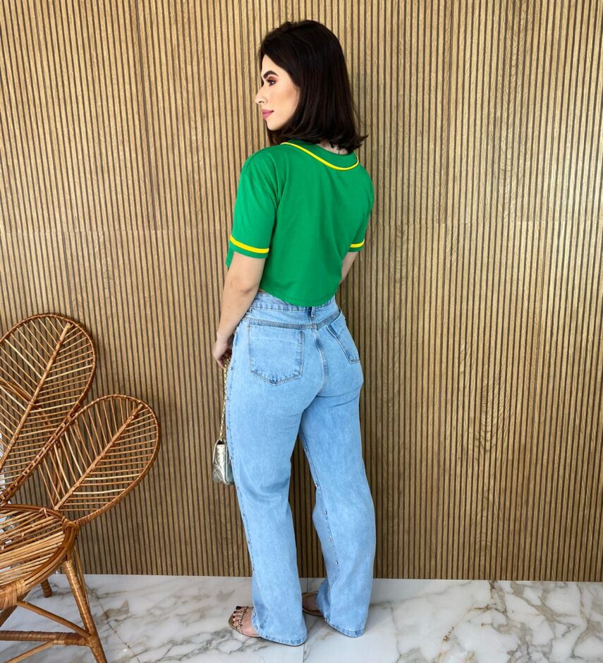 Cropped Feminino Manga Curta com Botões Verde e Amarelo - Fernanda Ramos Store