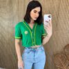 Cropped Feminino Manga Curta com Botões Verde e Amarelo - Fernanda Ramos Store