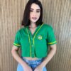 Cropped Feminino Manga Curta com Botões Verde e Amarelo - Fernanda Ramos Store