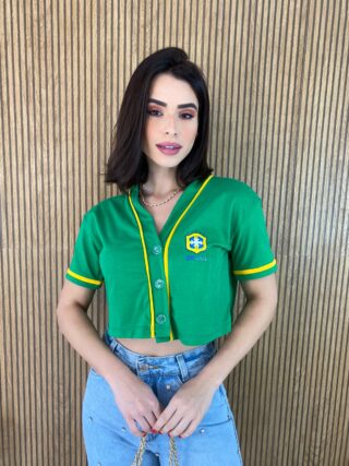 Cropped Feminino Manga Curta com Botões Verde e Amarelo - Fernanda Ramos Store