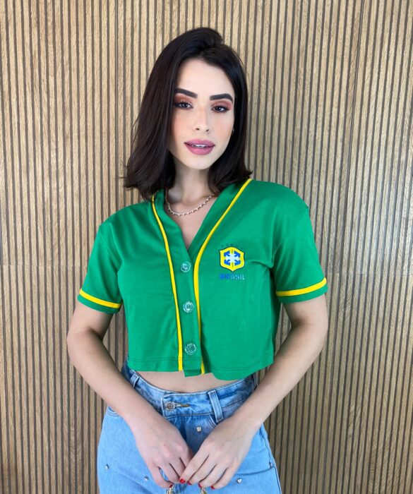 Cropped Feminino Manga Curta com Botões Verde e Amarelo - Fernanda Ramos Store