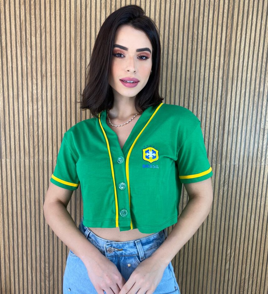 Cropped Feminino Manga Curta com Botões Verde e Amarelo - Fernanda Ramos Store