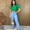 Cropped Feminino Manga Curta com Botões Verde e Amarelo - Fernanda Ramos Store