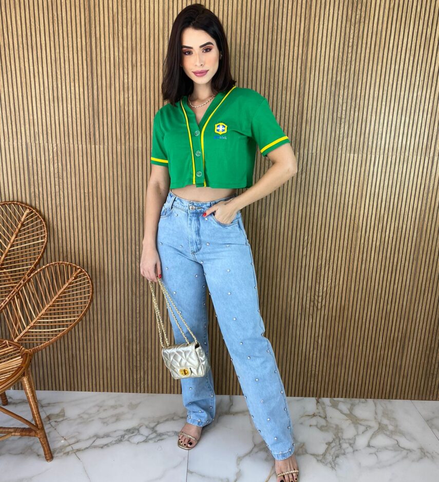 Cropped Feminino Manga Curta com Botões Verde e Amarelo - Fernanda Ramos Store