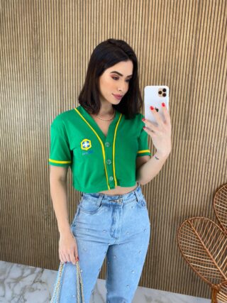 Cropped Feminino Manga Curta com Botões Verde e Amarelo - Fernanda Ramos Store