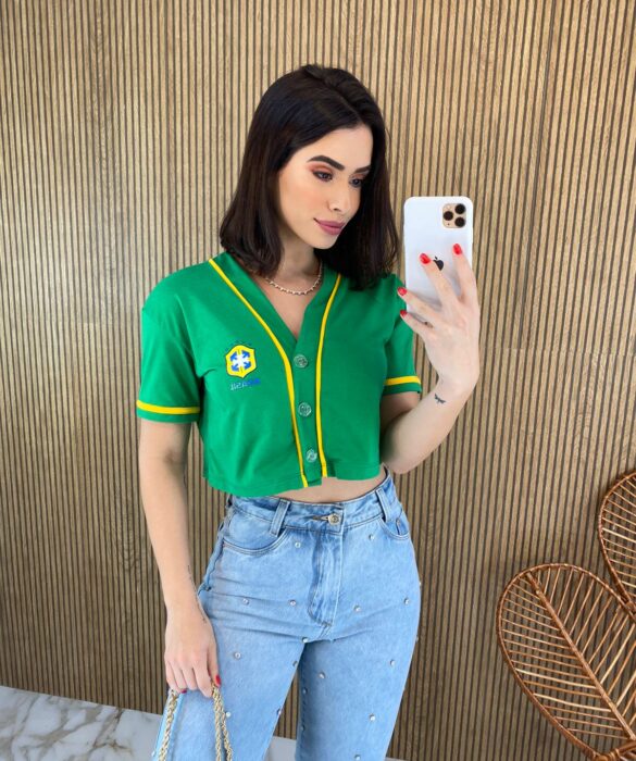 Cropped Feminino Manga Curta com Botões Verde e Amarelo - Fernanda Ramos Store