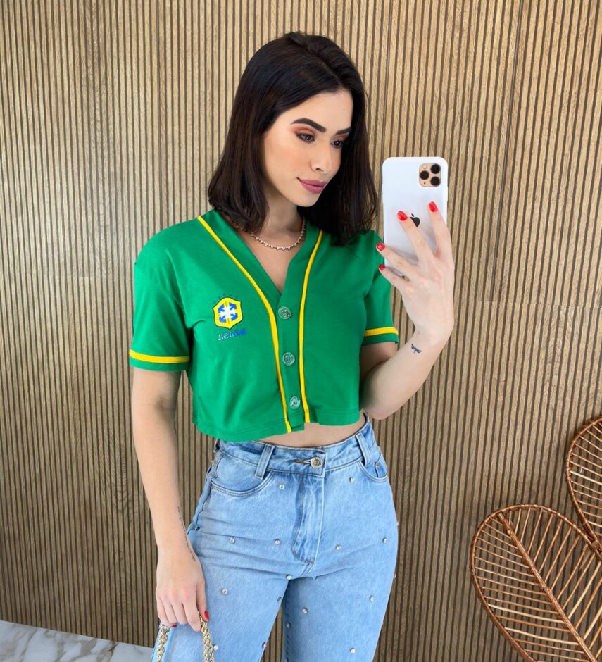 Cropped Feminino Manga Curta com Botões Verde e Amarelo - Fernanda Ramos Store