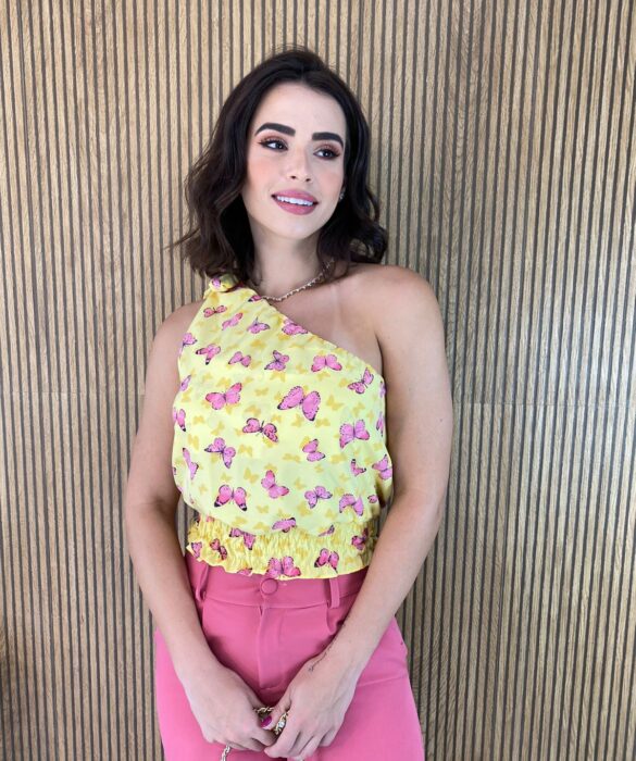 Cropped Feminino Mula Manca Estampa Borboletas Amarelo Fernanda Ramos Store