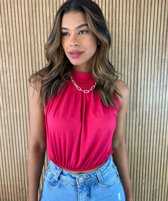 Cropped Feminino sem Bojo com Gola Pink - Fernanda Ramos Store