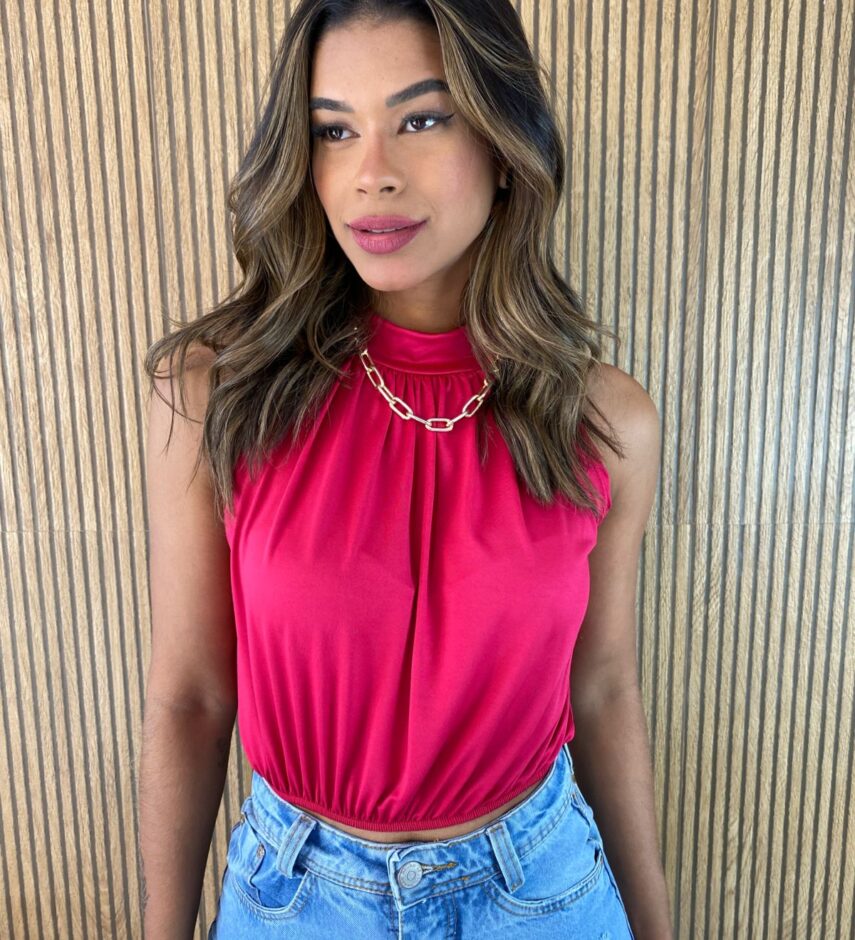 Cropped Feminino sem Bojo com Gola Pink - Fernanda Ramos Store