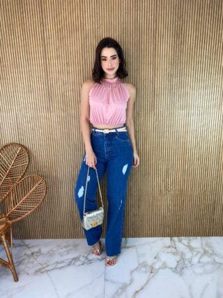 Cropped Feminino sem Bojo com Gola Rosa - Fernanda Ramos Store