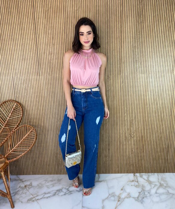 Cropped Feminino sem Bojo com Gola Rosa - Fernanda Ramos Store