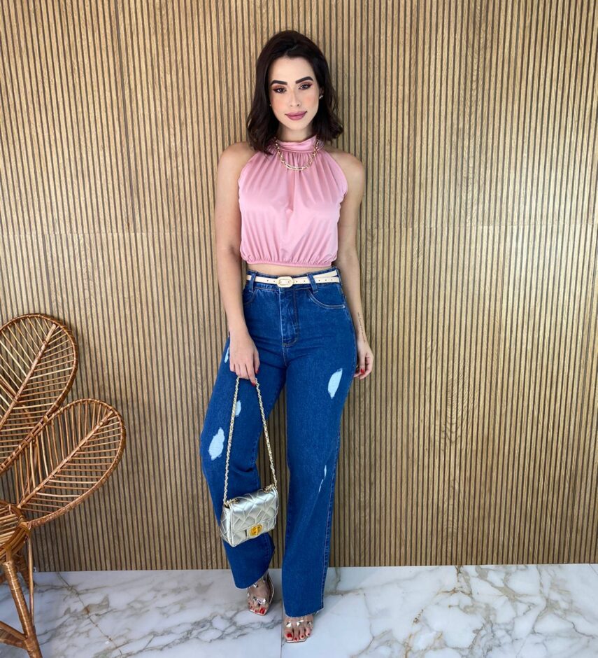 Cropped Feminino sem Bojo com Gola Rosa - Fernanda Ramos Store